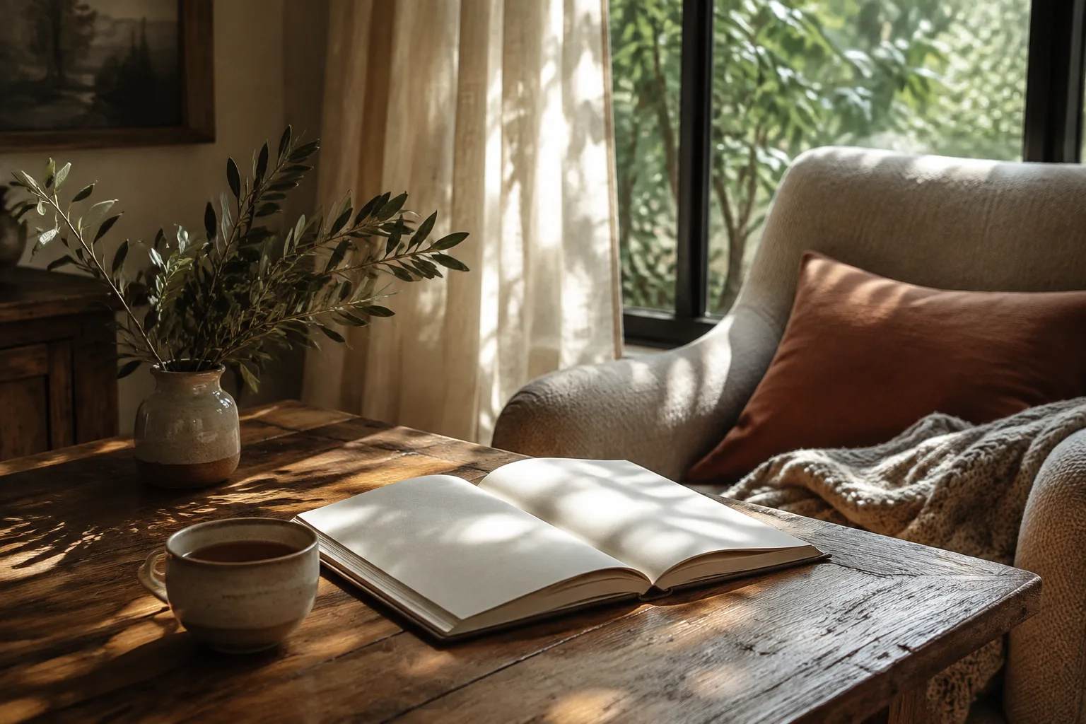 A peaceful place to read, with an open book in warm morning light