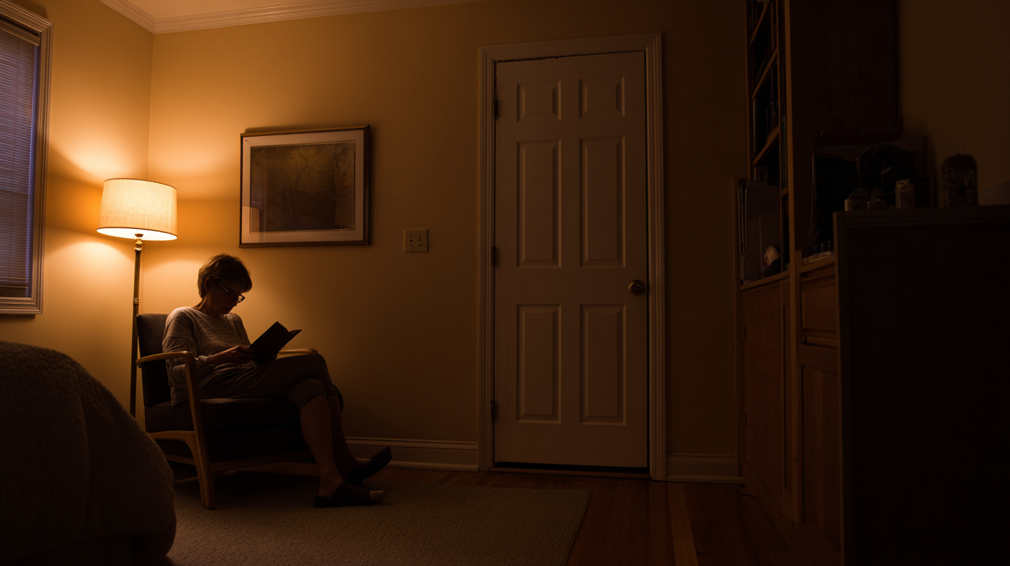A person reading a book in a chair beside a closed bedroom door