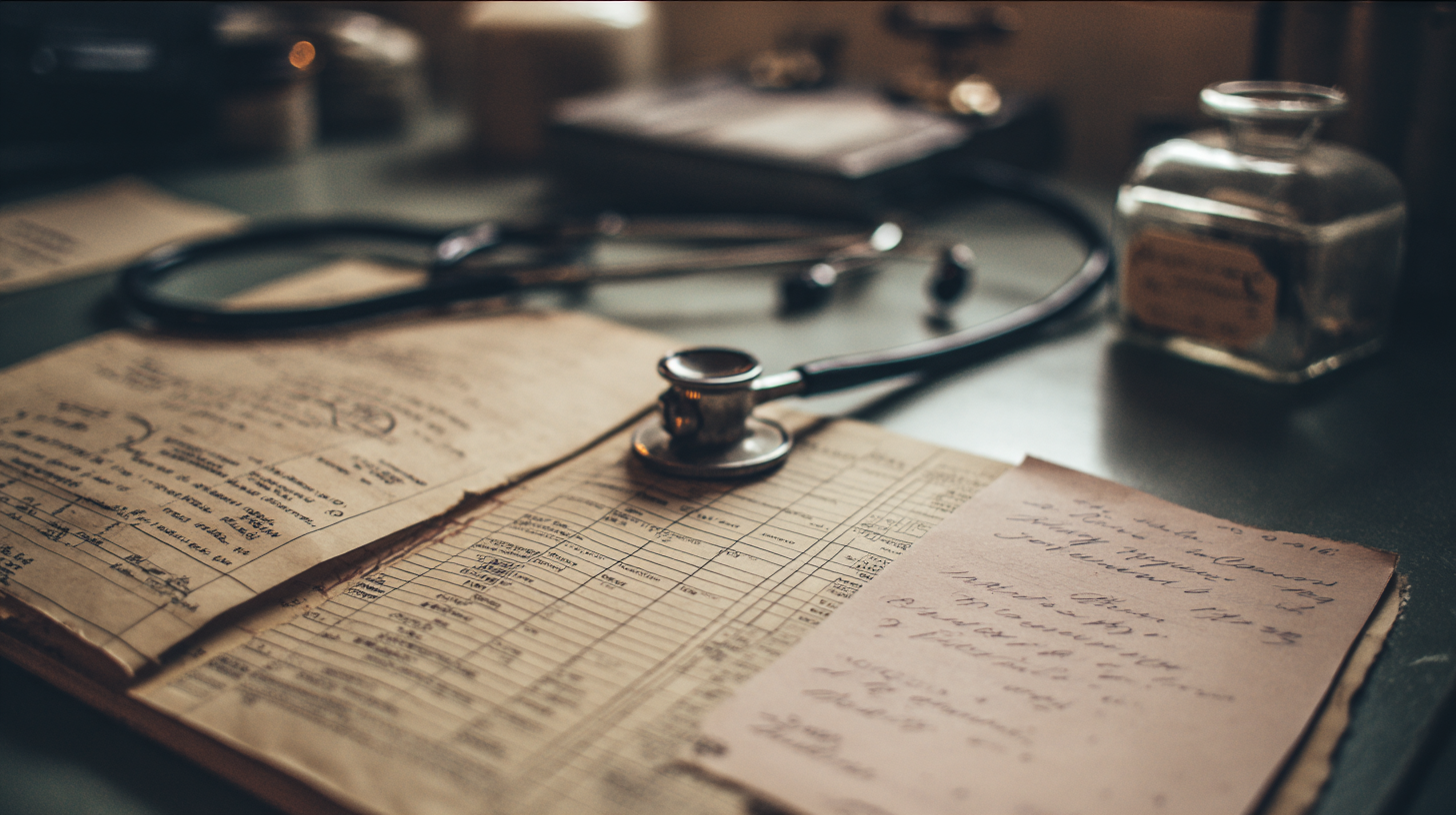 A clinician's desk with a stethoscope and an open medical chart