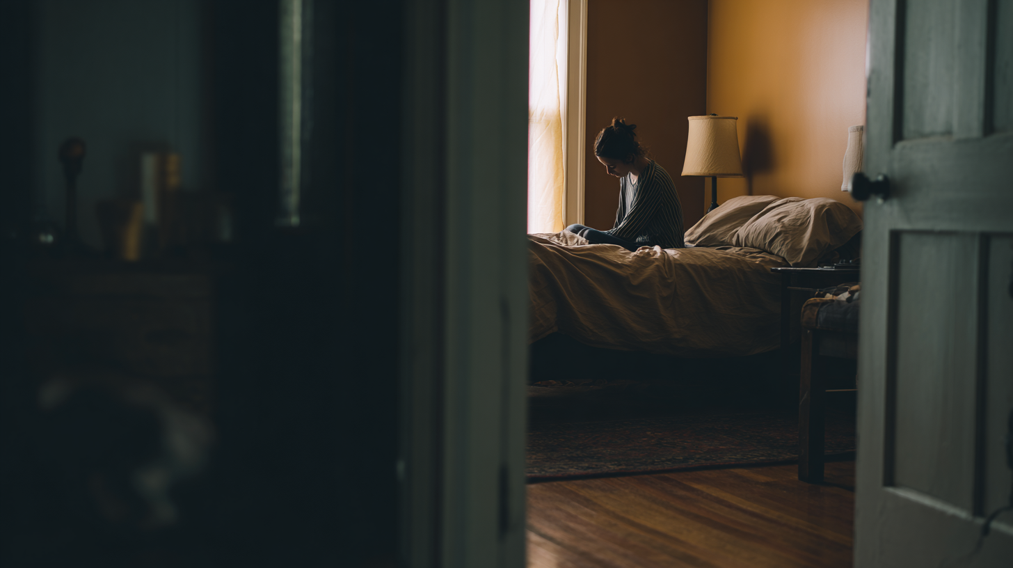 A person sitting on the edge of a bed in dim morning light