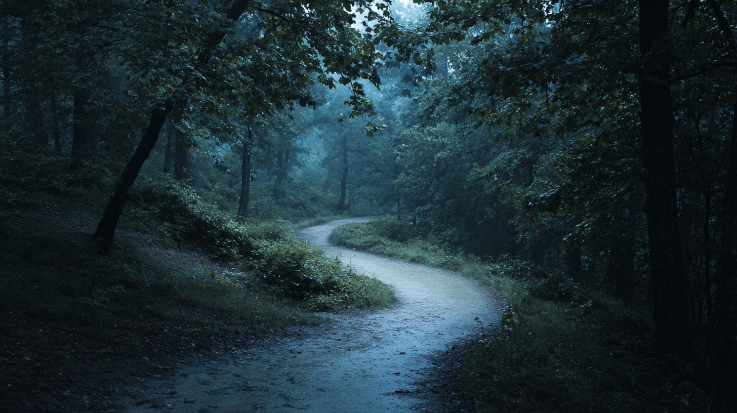 A winding path through a quiet forest in early morning light