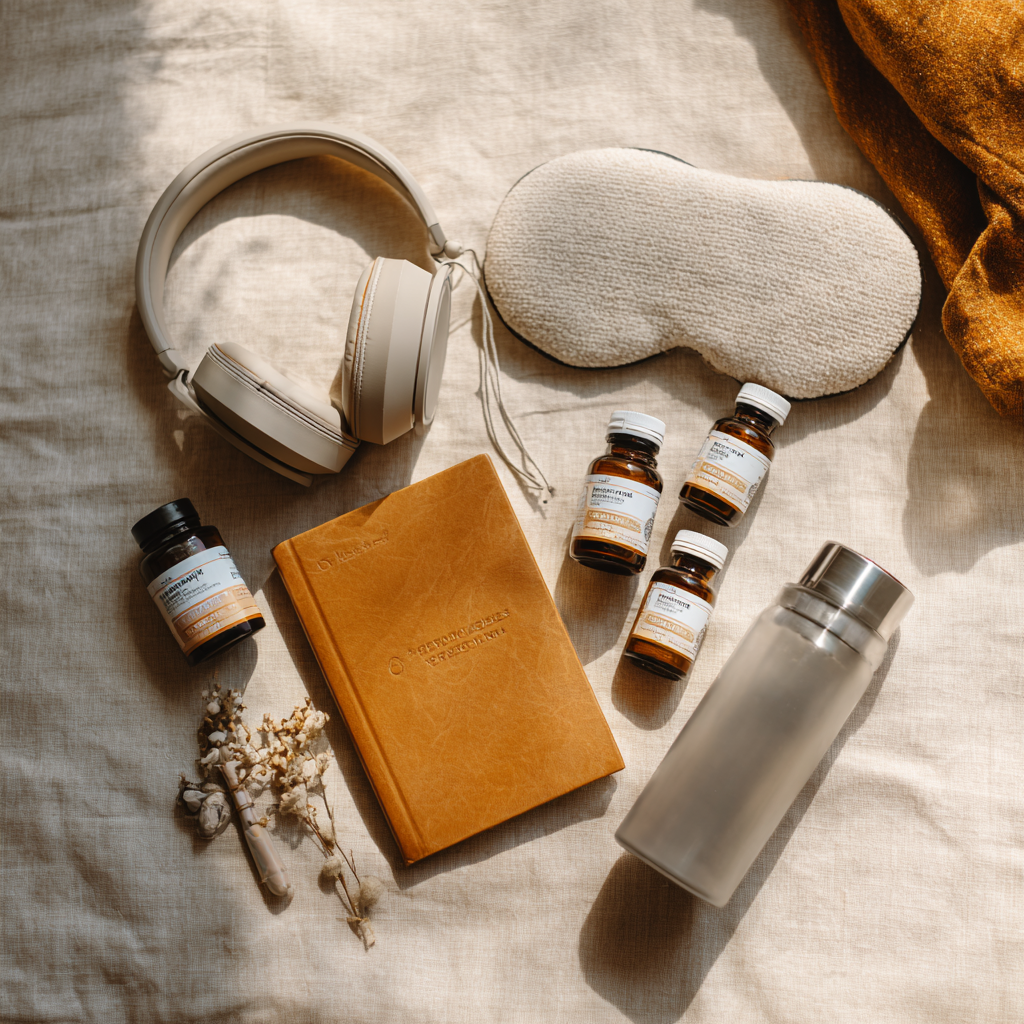 A neatly arranged flat lay of recovery items on a cream background
