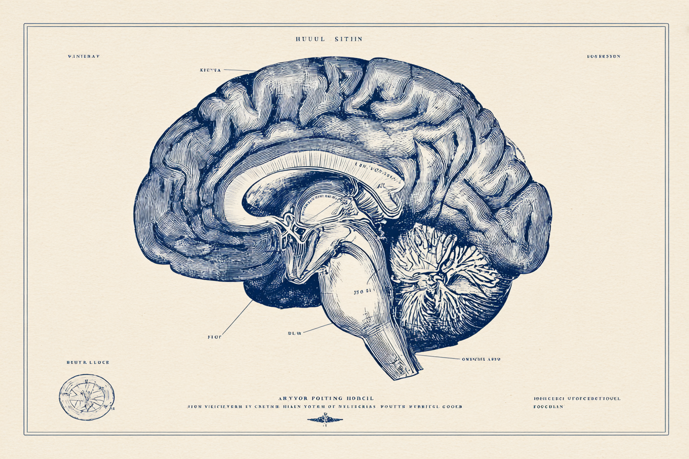 Medical illustration of the human brain showing neural pathways