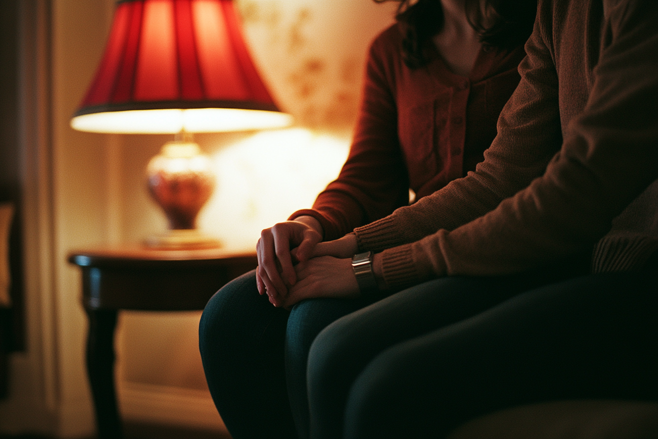 Two people sitting together in warm light, offering quiet support