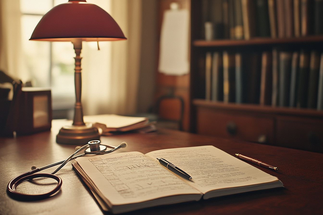 A clinician's desk with a stethoscope and an open medical chart