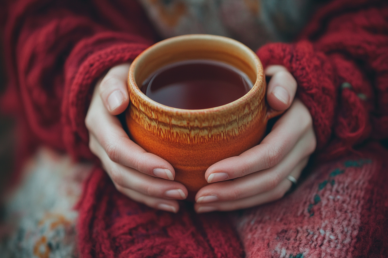 Close-up of a person's hands holding a warm mug, soft natural light